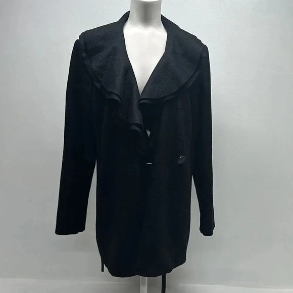Lafayette 148 New York 100% Wool Jacket Coat 1 Button Ruffled Black Plus Size 16 - Picture 2 of 9